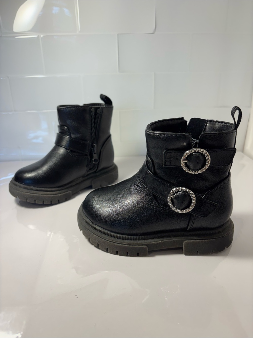 Cat & Jack Girls Black Rhinestone Double Buckle Ankle Boots Size 6